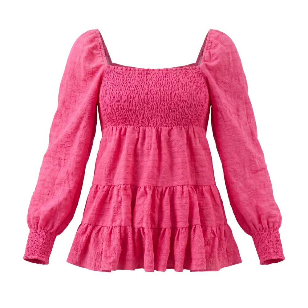 Urban Outfitters Pink Smocked Tiered Peplum Blouse Long Sleeve XXS